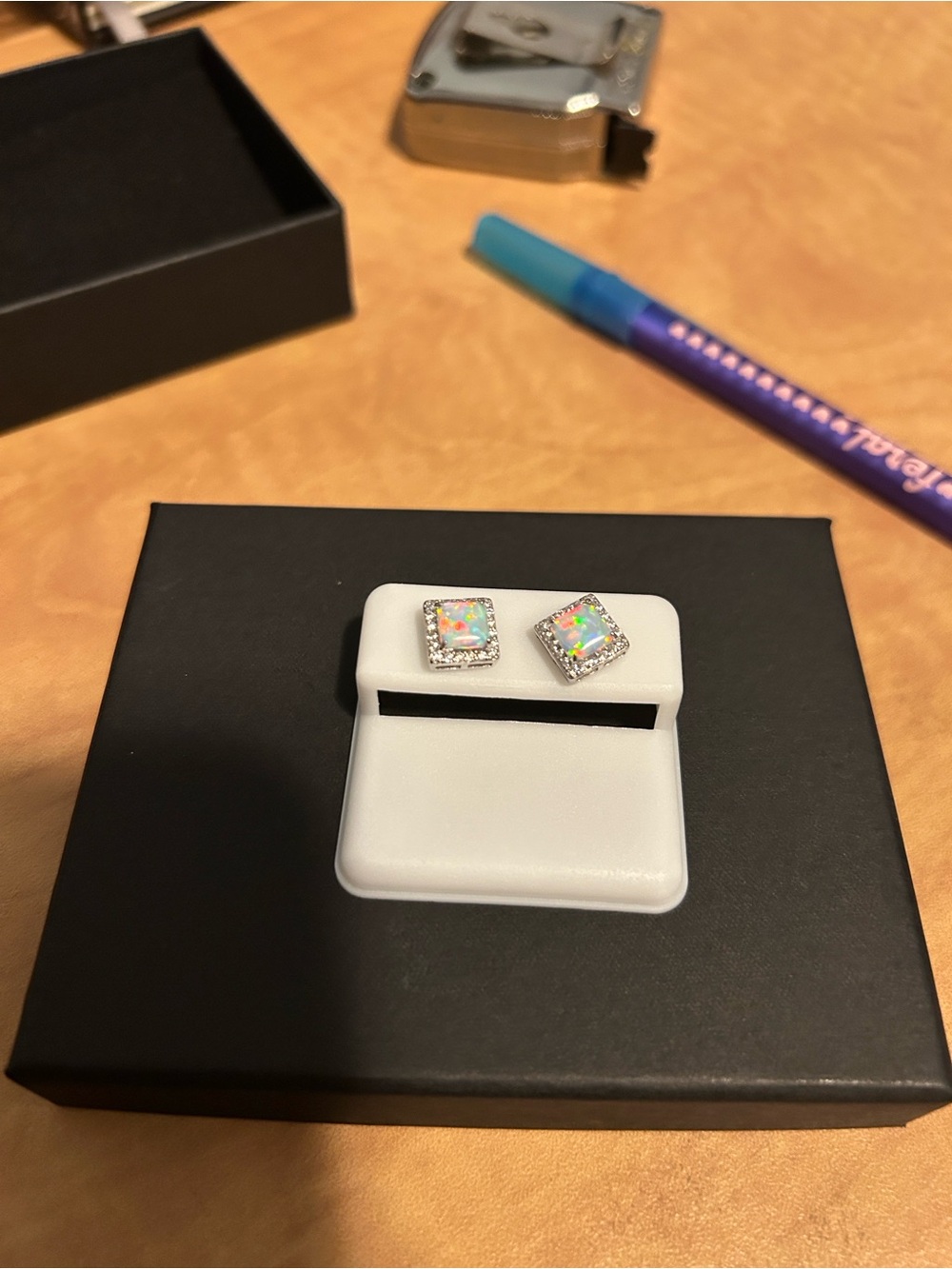 Opal Halo Square Stud Earrings - Iridescent Opal